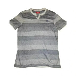 Guess Shirt Men Size L Blue Striped Short Sleeve Henley Cotton Blend 90s Classic